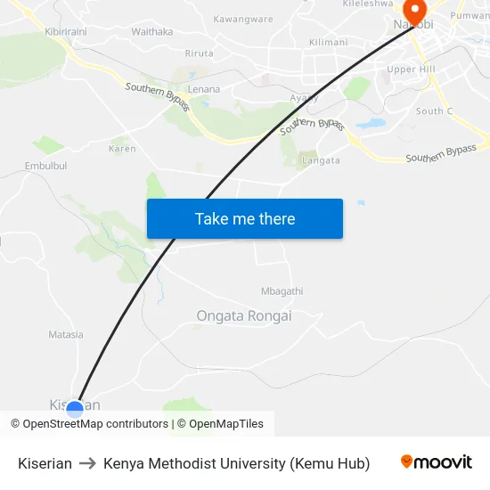 Kiserian to Kenya Methodist University (Kemu Hub) map