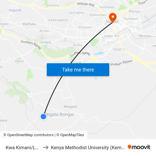 Kwa Kimani/Laiser to Kenya Methodist University (Kemu Hub) map