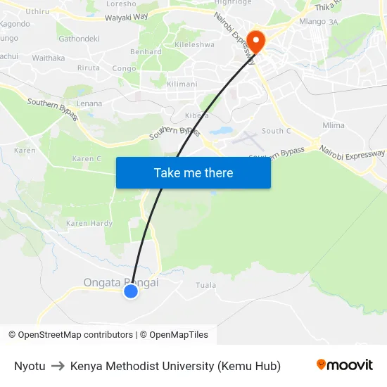 Nyotu to Kenya Methodist University (Kemu Hub) map