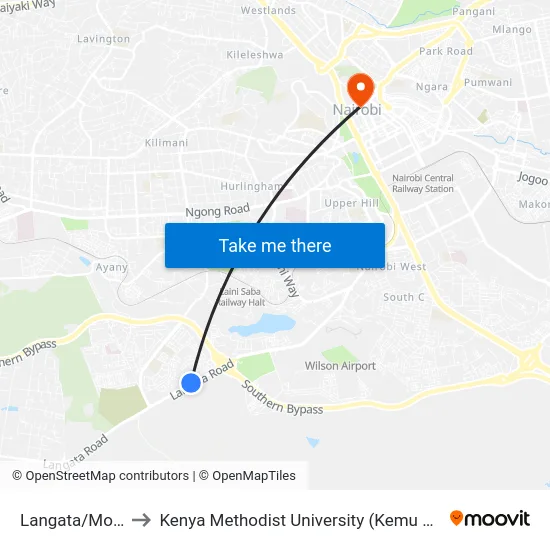 Langata/Mobil to Kenya Methodist University (Kemu Hub) map