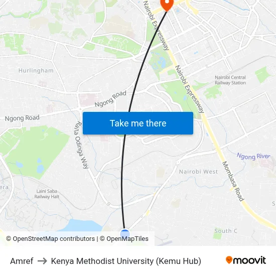 Amref to Kenya Methodist University (Kemu Hub) map
