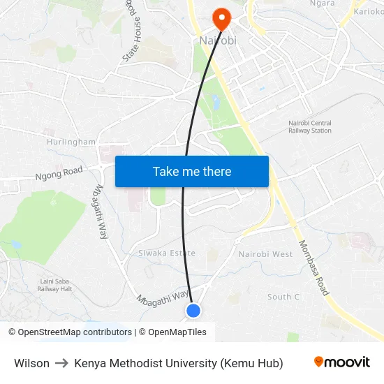 Wilson to Kenya Methodist University (Kemu Hub) map