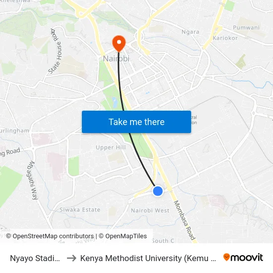 Nyayo Stadium to Kenya Methodist University (Kemu Hub) map