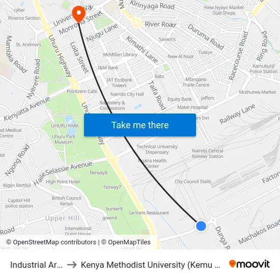 Industrial Area to Kenya Methodist University (Kemu Hub) map