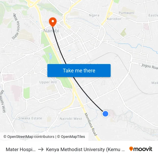 Mater Hospital to Kenya Methodist University (Kemu Hub) map
