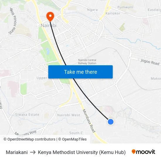 Mariakani to Kenya Methodist University (Kemu Hub) map