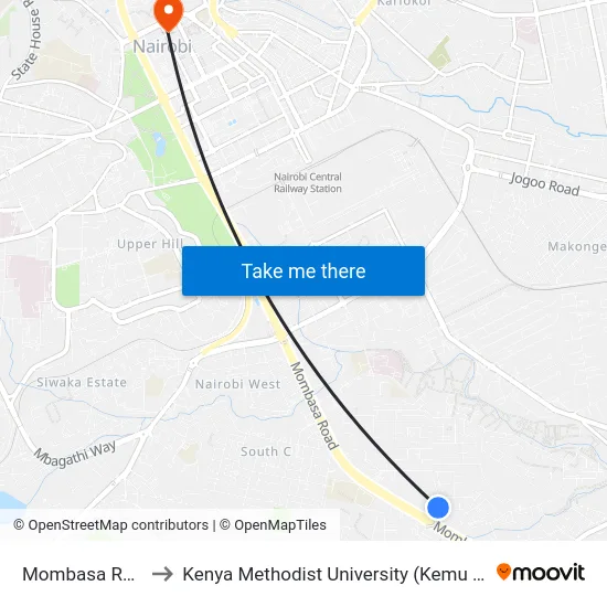 Mombasa Road to Kenya Methodist University (Kemu Hub) map
