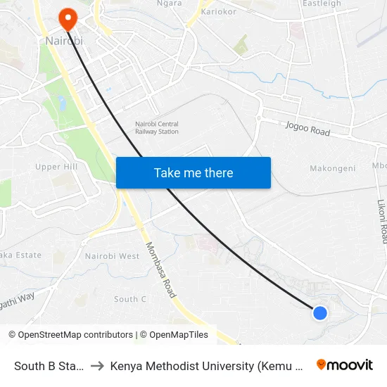 South B Stage to Kenya Methodist University (Kemu Hub) map