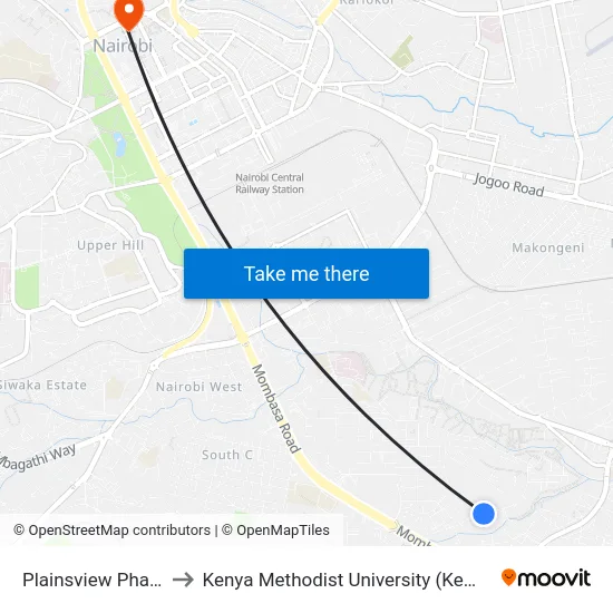 Plainsview Phase 5 to Kenya Methodist University (Kemu Hub) map