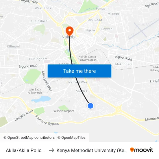 Akila/Akila Police Post to Kenya Methodist University (Kemu Hub) map