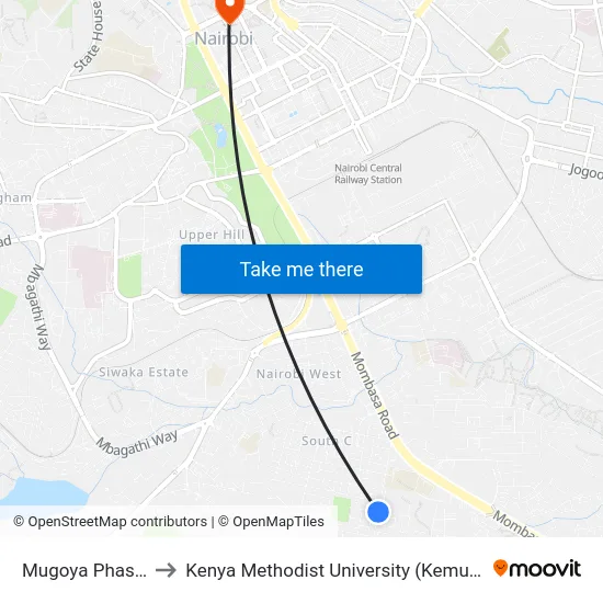 Mugoya Phase 1 to Kenya Methodist University (Kemu Hub) map