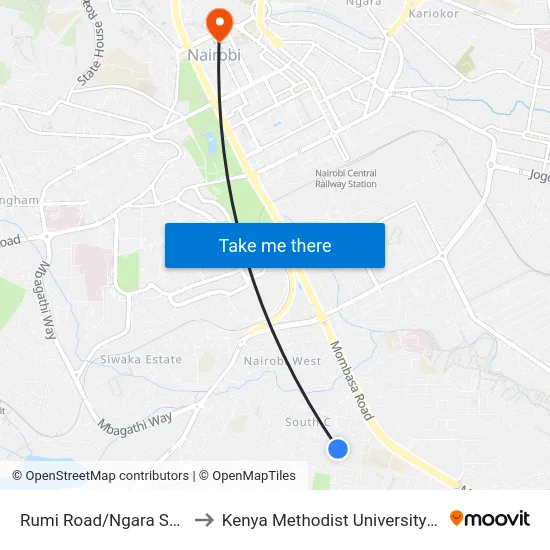 Rumi Road/Ngara Sports Club to Kenya Methodist University (Kemu Hub) map