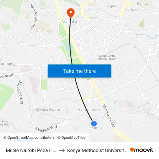 Milele Nairobi Pcea Headquarters to Kenya Methodist University (Kemu Hub) map