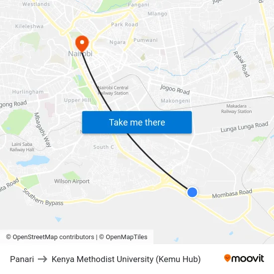 Panari to Kenya Methodist University (Kemu Hub) map