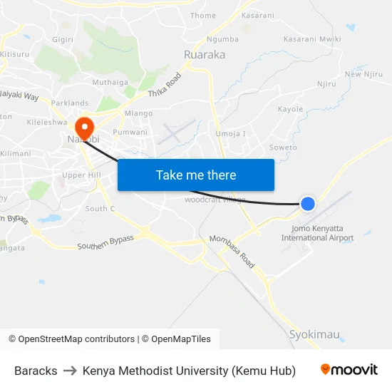 Baracks to Kenya Methodist University (Kemu Hub) map