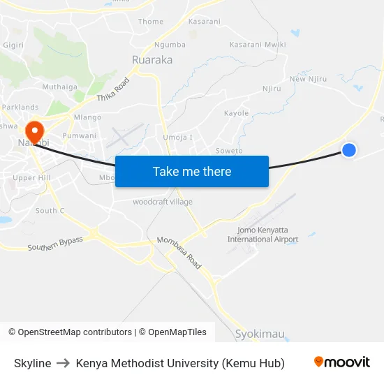 Skyline to Kenya Methodist University (Kemu Hub) map