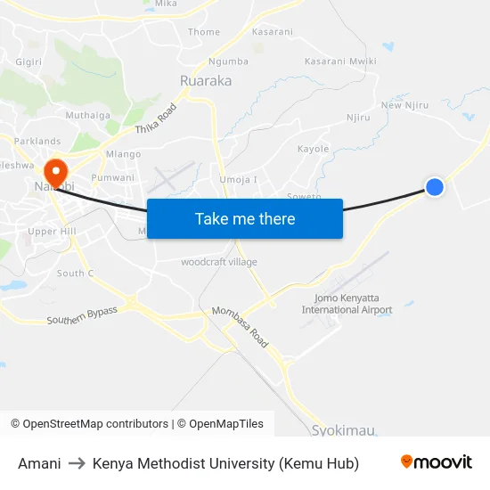 Amani to Kenya Methodist University (Kemu Hub) map