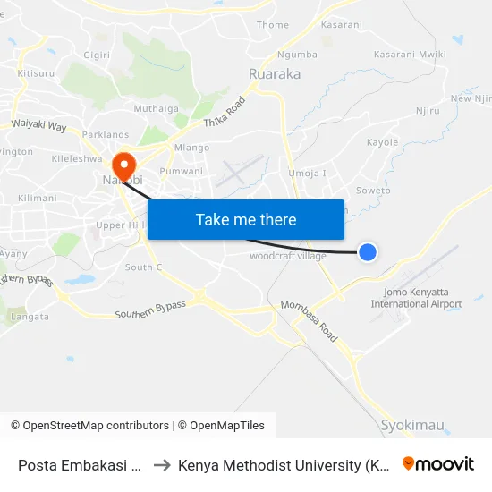 Posta Embakasi Village to Kenya Methodist University (Kemu Hub) map