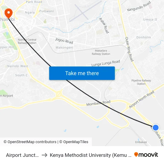 Airport Junction to Kenya Methodist University (Kemu Hub) map