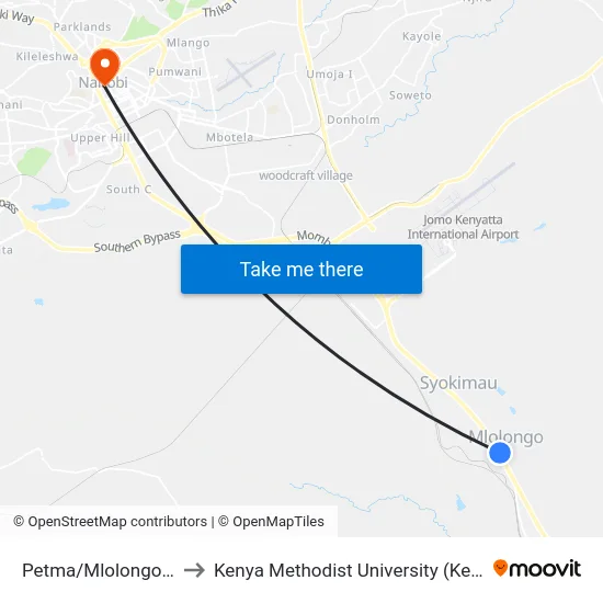 Petma/Mlolongo Chini to Kenya Methodist University (Kemu Hub) map