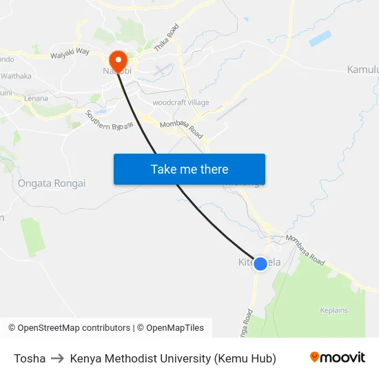 Tosha to Kenya Methodist University (Kemu Hub) map