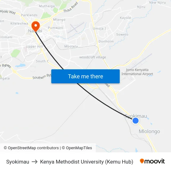 Syokimau to Kenya Methodist University (Kemu Hub) map