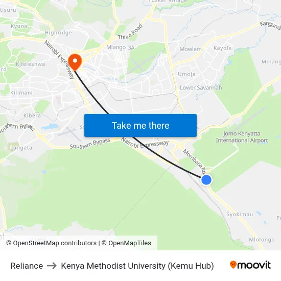 Reliance to Kenya Methodist University (Kemu Hub) map