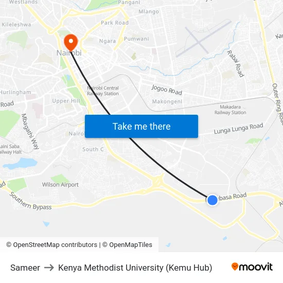 Sameer to Kenya Methodist University (Kemu Hub) map