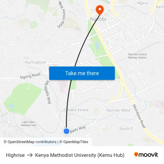 Highrise to Kenya Methodist University (Kemu Hub) map