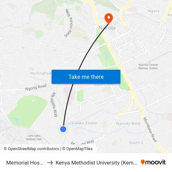Memorial Hospital to Kenya Methodist University (Kemu Hub) map