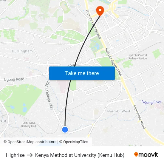 Highrise to Kenya Methodist University (Kemu Hub) map