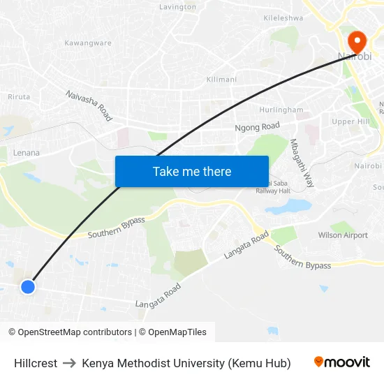 Hillcrest to Kenya Methodist University (Kemu Hub) map