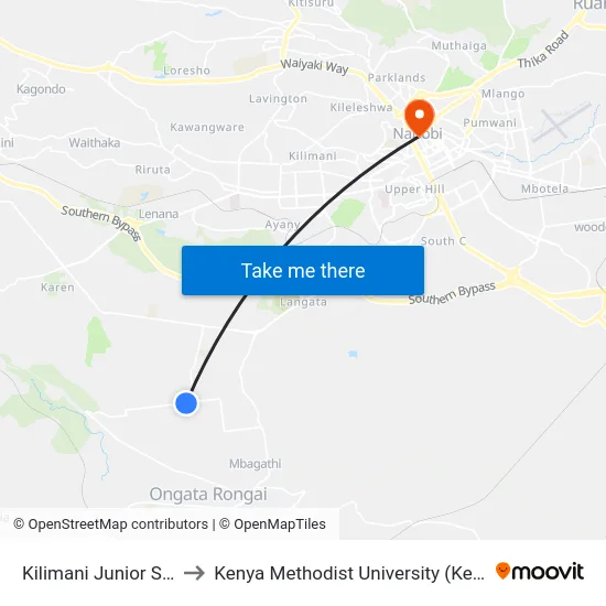 Kilimani Junior School to Kenya Methodist University (Kemu Hub) map