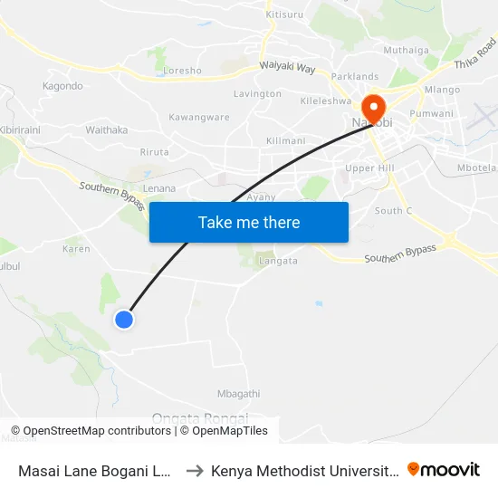 Masai Lane Bogani Lane Junction to Kenya Methodist University (Kemu Hub) map