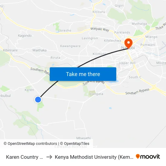 Karen Country Club to Kenya Methodist University (Kemu Hub) map