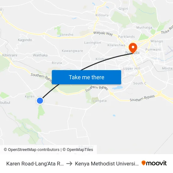 Karen Road-Lang'Ata Road Junction to Kenya Methodist University (Kemu Hub) map