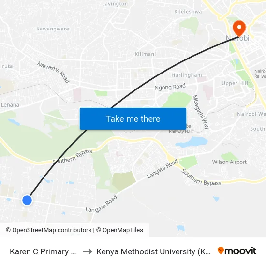 Karen C Primary School to Kenya Methodist University (Kemu Hub) map