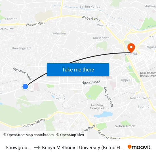 Showground to Kenya Methodist University (Kemu Hub) map