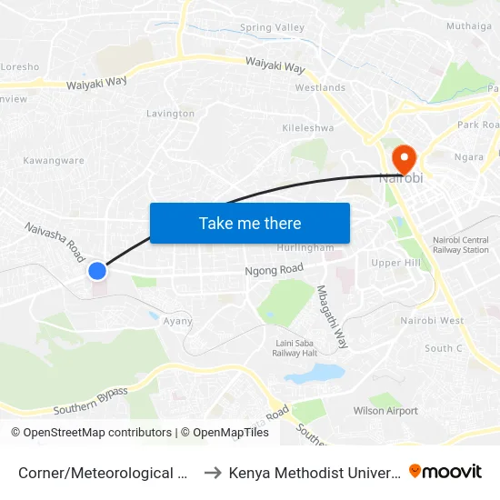 Corner/Meteorological Department/Total to Kenya Methodist University (Kemu Hub) map