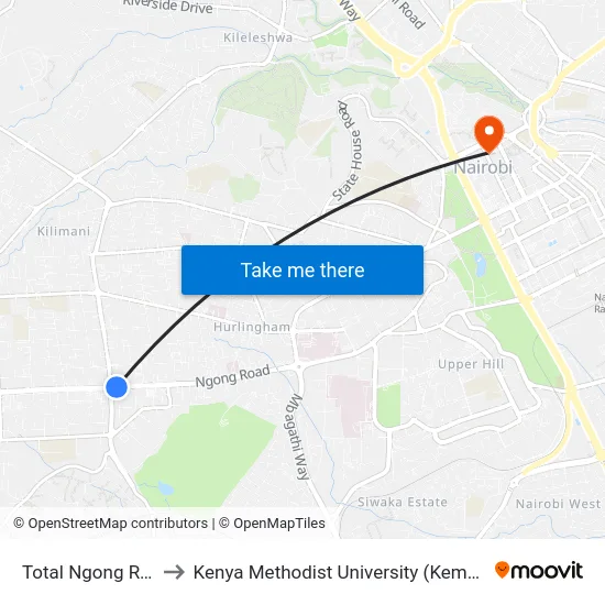 Total Ngong Road to Kenya Methodist University (Kemu Hub) map