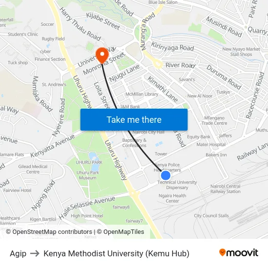 Agip to Kenya Methodist University (Kemu Hub) map