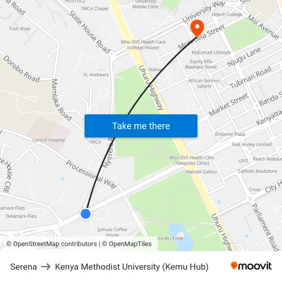 Serena to Kenya Methodist University (Kemu Hub) map
