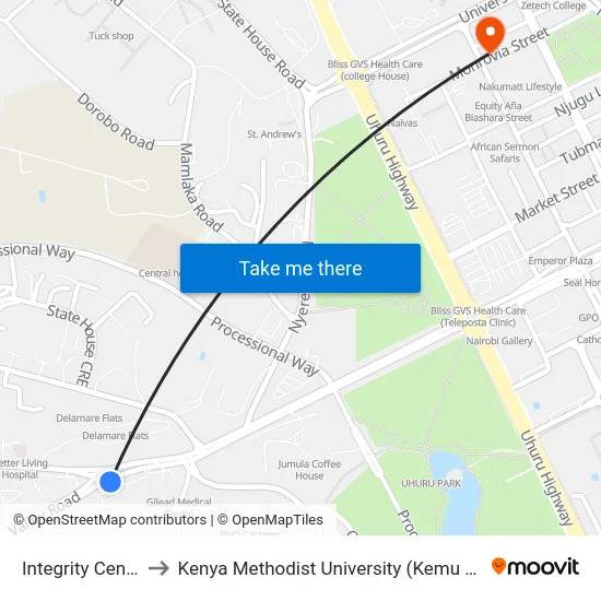 Integrity Centre to Kenya Methodist University (Kemu Hub) map