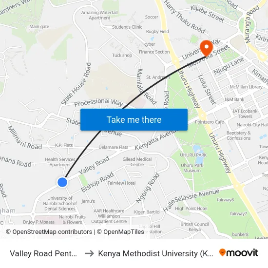 Valley Road Pentecostal to Kenya Methodist University (Kemu Hub) map