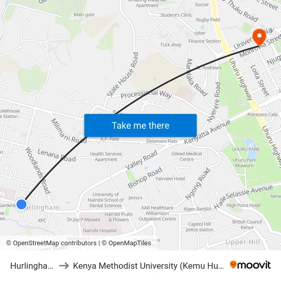 Hurlingham to Kenya Methodist University (Kemu Hub) map