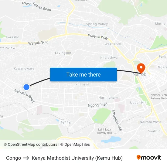 Congo to Kenya Methodist University (Kemu Hub) map