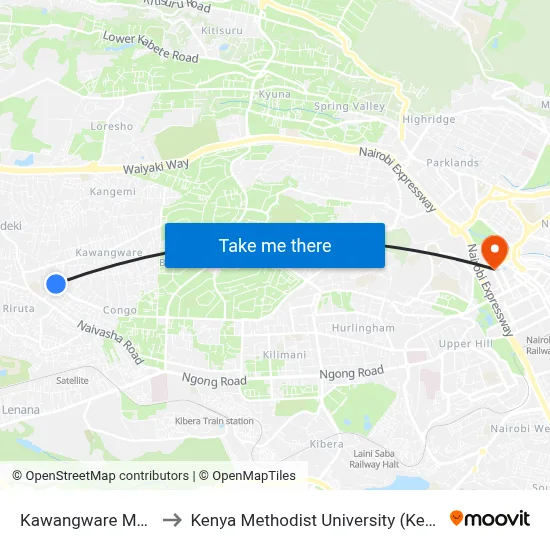 Kawangware Mwisho to Kenya Methodist University (Kemu Hub) map