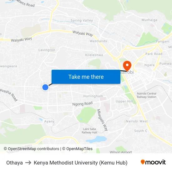 Othaya to Kenya Methodist University (Kemu Hub) map