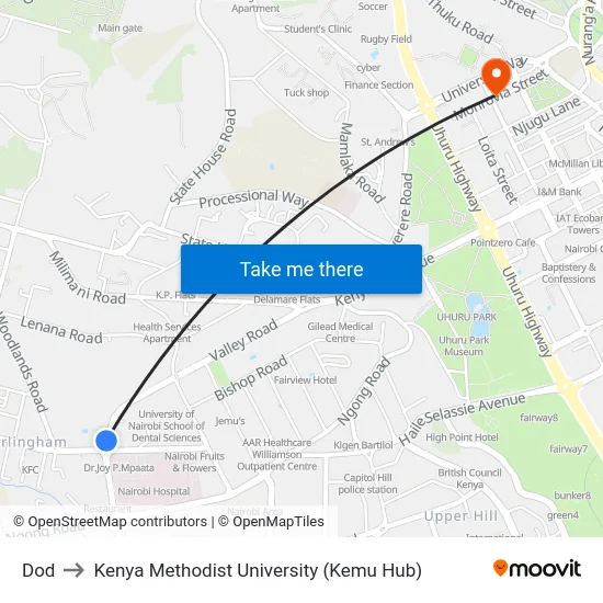 Dod to Kenya Methodist University (Kemu Hub) map
