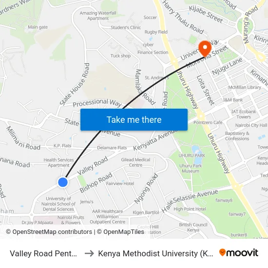 Valley Road Pentecostal to Kenya Methodist University (Kemu Hub) map
